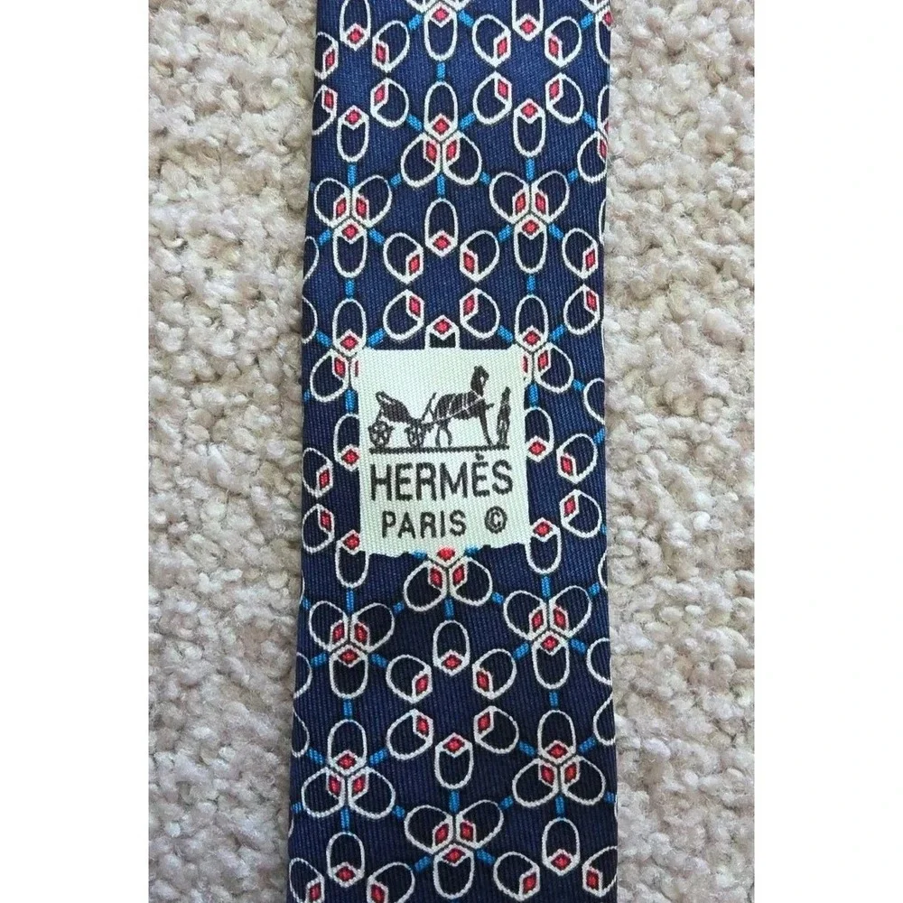 Hermes Silk Tie Mens Blue Geometric RINGS Print 7053 TA France